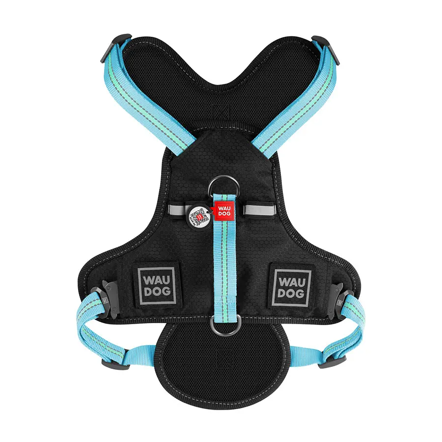 Безопасная шлейка для собак Waudog Nylon с QR-паспортом, металлическая пряжка-фастекс, L, Ш 25 мм, А 55-85 см, В 65-85 см, голубой - фото 4