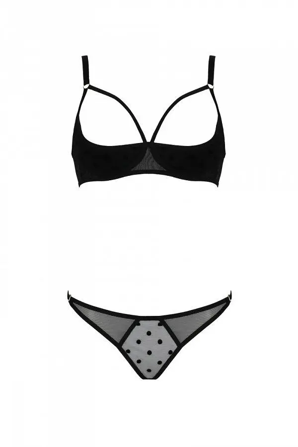 Еротичний комплект Passion MARINA SET WITH OPEN BRA, S/M, black, відкриті чашки - фото 3