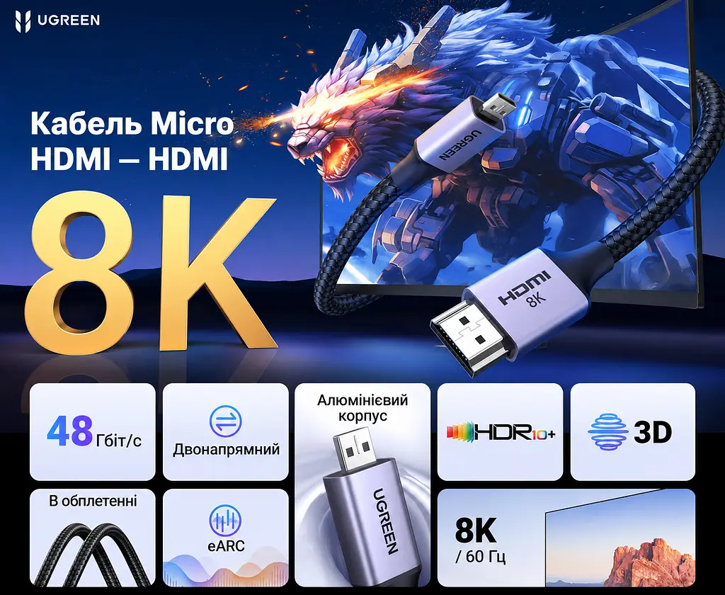 Видеокабель UGREEN HD164 Micro HDMI - HDMI 2.1 8K 60 Гц 2 м чёрно-серый (15517) - фото 2