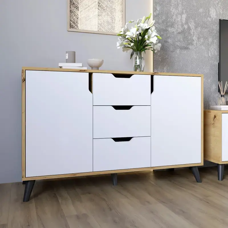 Комплект меблів для вітальні М-ЗОН Борн Дуб Артизан/Німфея Альба (білий) 5 предметів з чорними ніжками (MZN-031074) - фото 7