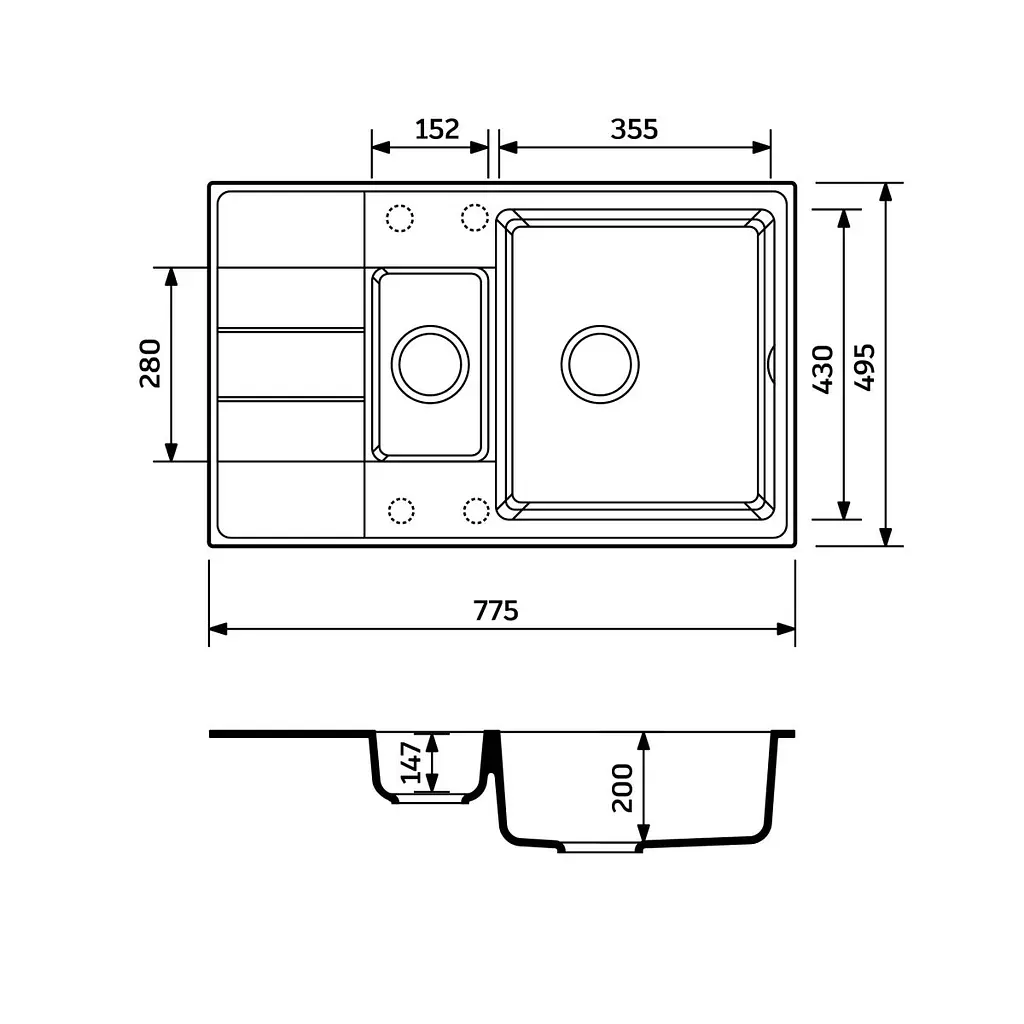 Кухонна мийка Adamant ANILA PLUS антрацит 775x495x200 мм, з крилом 77,5 см - фото 2