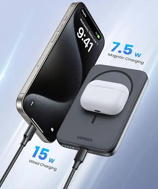 Зовнішній акумулятор Ugreen PB561 Foldable Kickstand Magnetic Battery 10000mAh для iPhone 15 Pro 14 сірий - фото 8