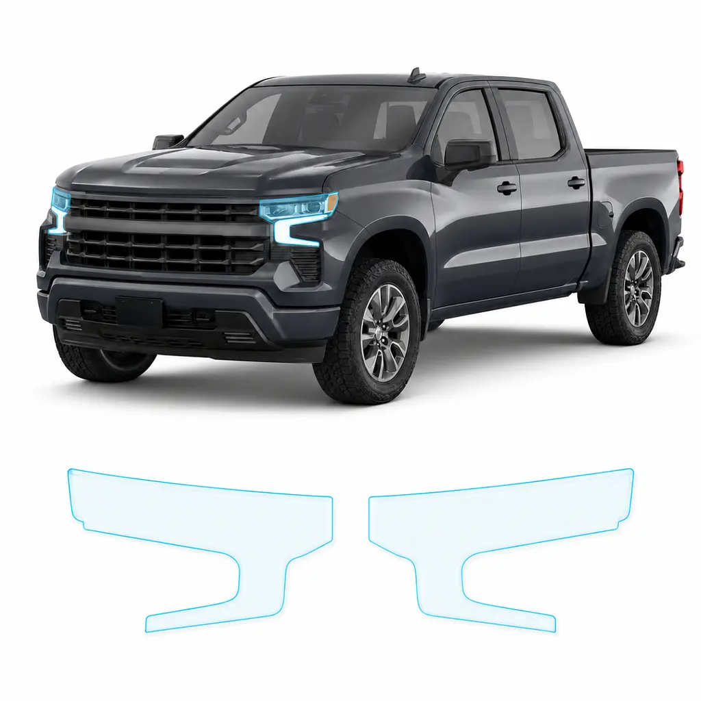 Антигравійна захисна бронеплівка за лекалами для Chevrolet Silverado IV facelift 2022- оптика (фари та ПТФ)