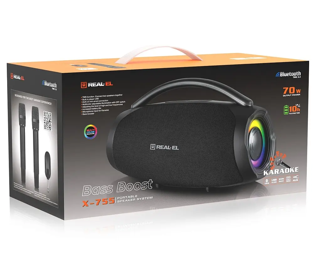 Портативная колонка бумбокс REAL-EL X755-PSS Boombox 70W Bluetooth TWS, RGB, Black - фото 11