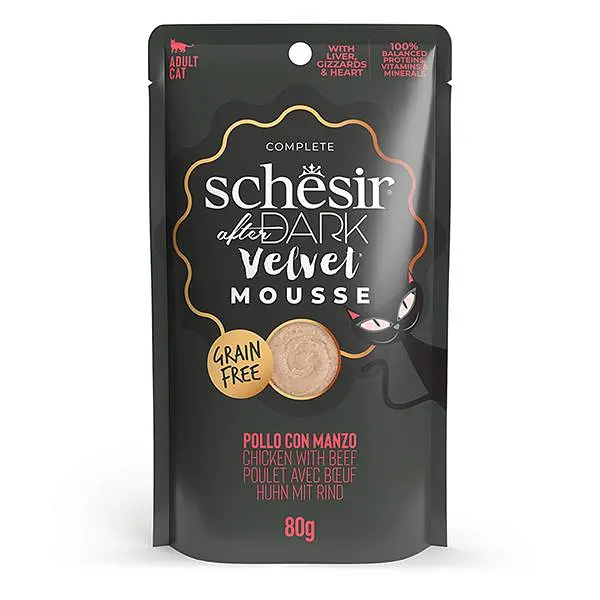 Повнораціонний беззерновий вологий корм для котів Schesir After Dark Chicken With Beef Шезір курка з яловичиною мус натуральні консерви пауч 80 г (132307)