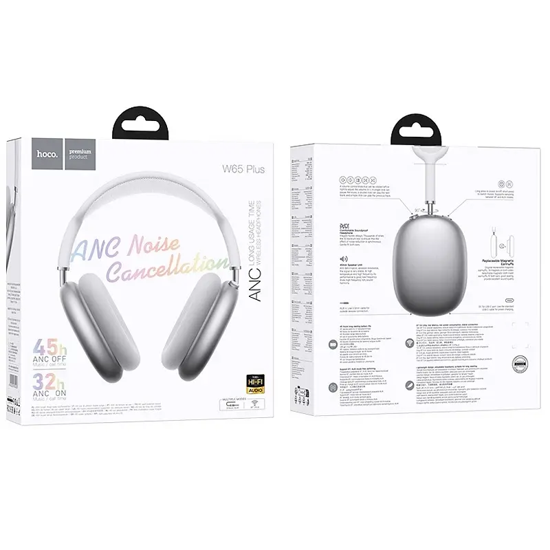 Беспроводные накладные наушники Hoco W65 Plus, ANC, BT5.4, AUX, 400mAh, 45h, Silver - фото 4