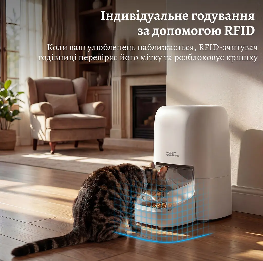 Автоматична годівниця для кота HoneyGuardian SF35 RFID 4,6 л Wi-Fi з нашийником датчиком, білий - фото 5