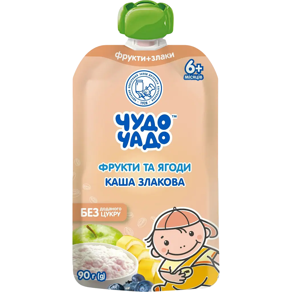 Набор пюре Чудо-чадо: Фруктово-ягодное со злаковой кашей + Яблоко и банан без сахара + Персик без сахара 540 г (6 шт х 90 г) - фото 2