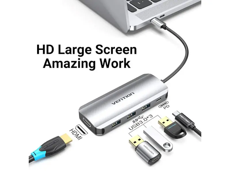 Мультипортовий адаптер Vention 5-in-1 USB-C to HDMI/USB3.0x3/PD (THFHB) - фото 3