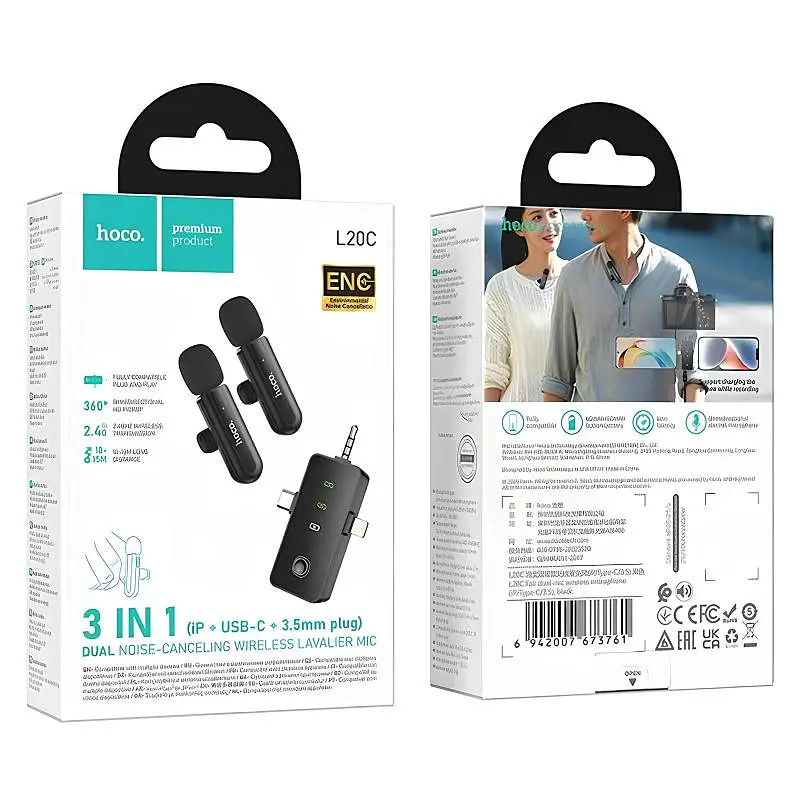 Петличний бездротовий мікрофон L20C Fair dual-mic 3in1 (Lightning/Type-C/3.5) Black Hoco teh0029564 - фото 2
