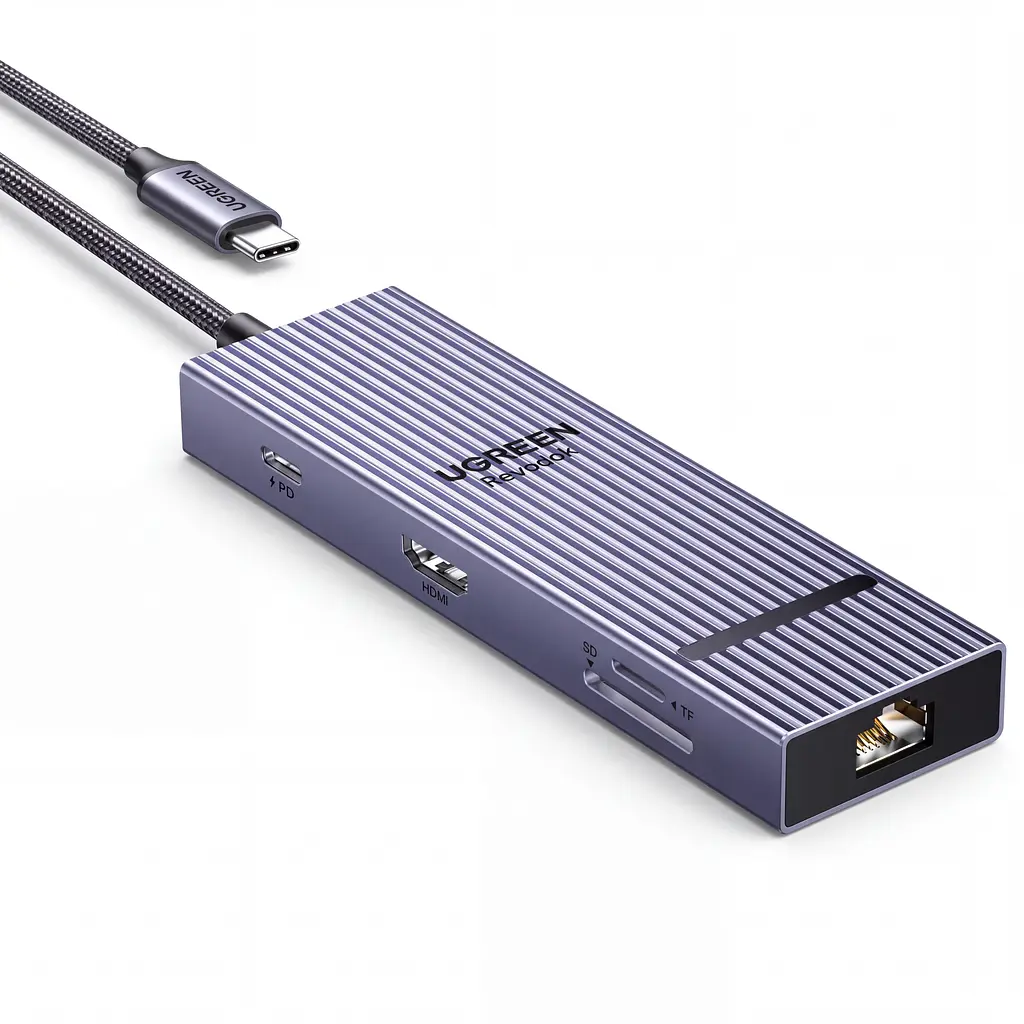 Док-станція USB-C UGREEN Revodok CM886 9 в 1 HDMI 2.0 до 4K 60 Гц 2K 144 Гц 1080p 240 Гц 2×USB-A та 1×USB-C до 10 Гбіт/с і 1×USB-A до 5 Гбіт/с Ethernet RJ45 до 2,5 Гбіт/с SD/microSD вхід USB-C PD 3.0 до 100 Вт заряджання ноутбука до 85 Вт HDMI потребує USB-C з відеовиходом заряджання потребує підтримки USB PD одночасне читання двох карт до 170 МБ/с Windows/macOS LED-індикатор ребристий алюмінієвий корпус вбудований кабель 30 см космічний сірий (55543)