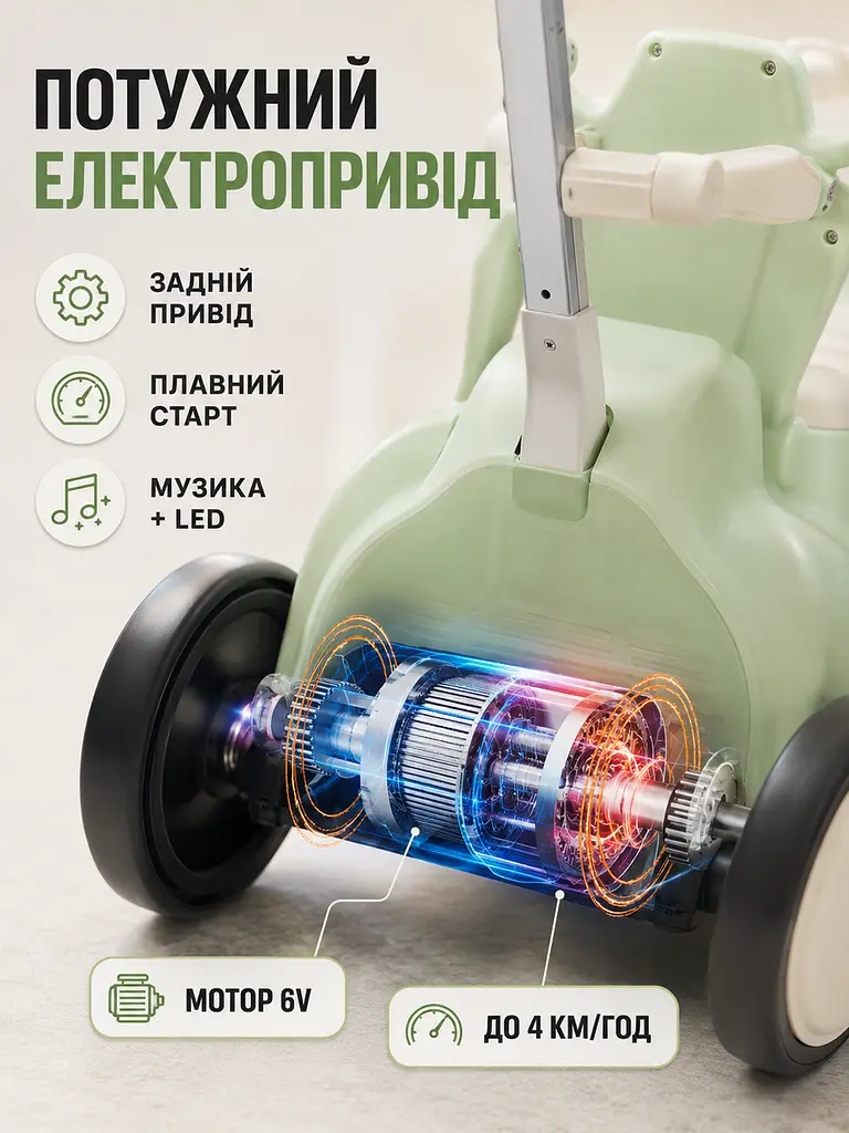 Дитячий електричний толокар 5-в-1 з ручкою, мотором, акумулятором, козирком, музикою та підсвіткою (49676137) - фото 8