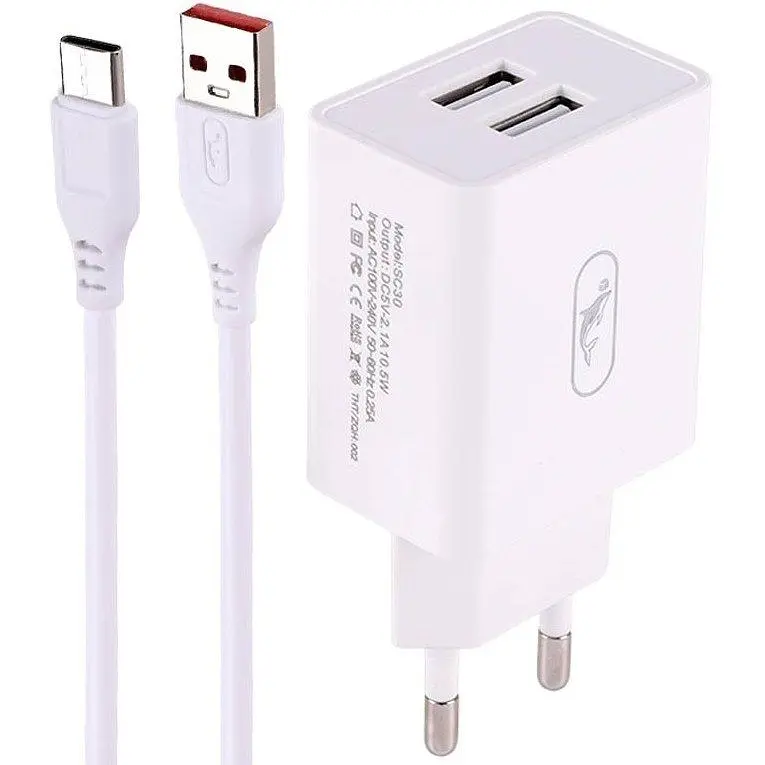 Зарядний пристрій SkyDolphin SC30T (2USB, 2.1A) White + кабель Type-C (SDMZP-000113) - фото 2
