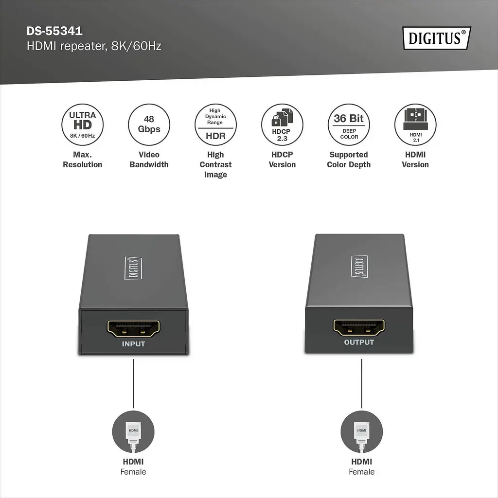 Повторювач Digitus HDMI, 8K/60 Гц (10 м 8K/60 Гц), (13 м 4K/60 Гц) - фото 6
