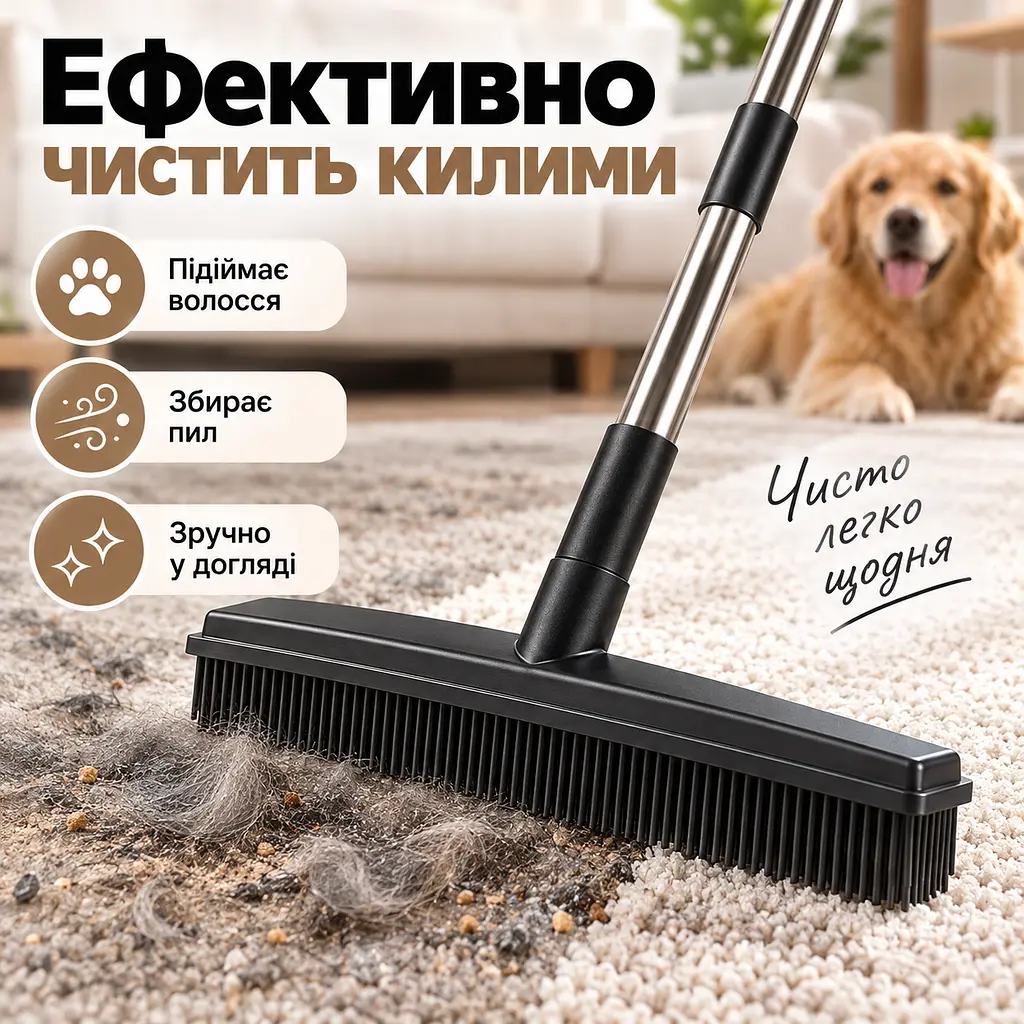 Універсальна гумова щітка-швабра 4 в 1 для підлоги, килимів, шерсті та вікон, ручка з нержавіючої сталі KT9005102 - фото 4