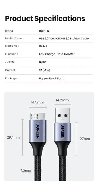 Кабель Ugreen 1м USB 3.0 - Micro USB Type-B 5 Гбіт/с 5V/3A USB 3.0 A на Micro-B для жорских дисків чорний (80793) - фото 7