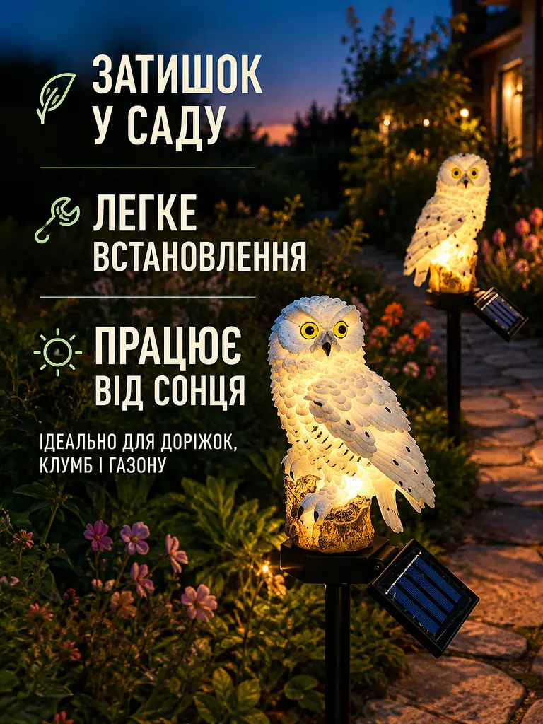 Декоративні газонні світильники Сови на сонячній батареї 2 шт для саду, дачі та клумби, білі (49676315) - фото 4