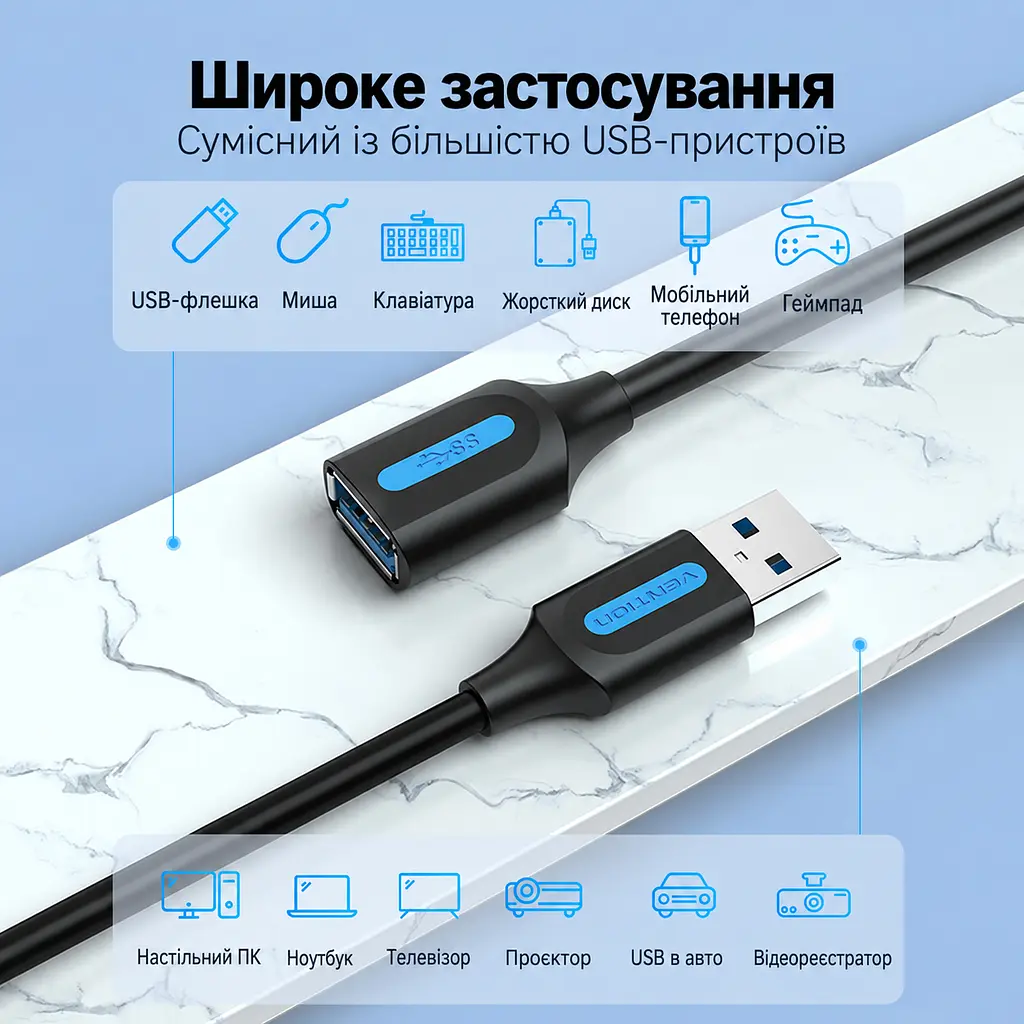 Кабель-подовжувач Vention CBHBG USB 3.0 Type-A 1,5 м чорний (CBHBG) - фото 6