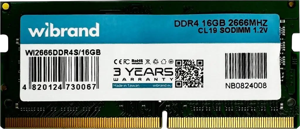 Оперативна пам'ять Wibrand 16GB SODIMM DDR4 2666MHz (WI2666DDR4S/16GB)