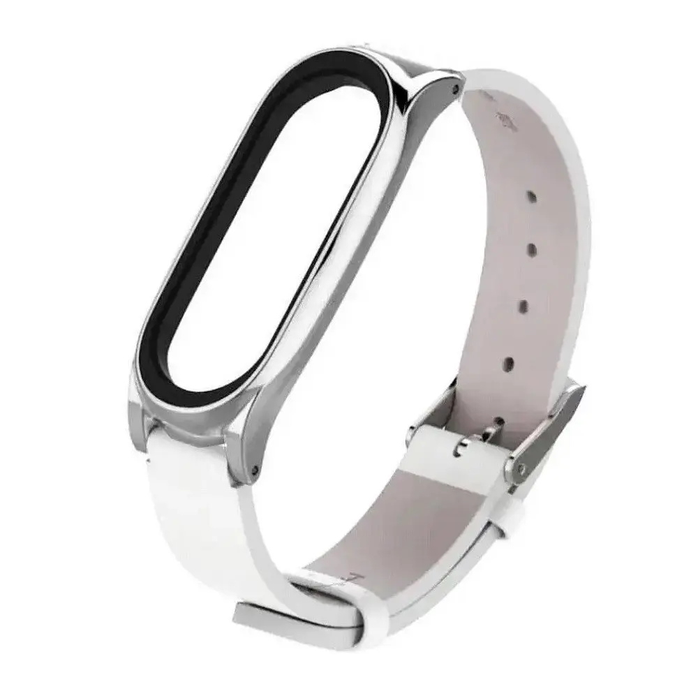 Шкіряний ремінець MiJobs для фітнес-браслета Xiaomi Mi Band 5 и 6 Type С білий, тримач - сріблястий - фото 3