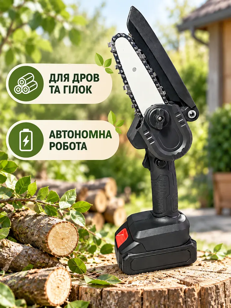 Акумуляторна мініпила ланцюгова 6 дюймів 24 В 550 Вт для гілок і деревини з акумулятором та зарядкою, чорна (49676397) - фото 8