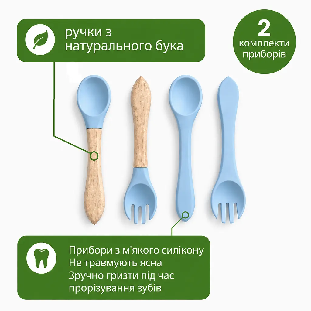 Дитячий силіконовий посуд для прикорму, набір 9 предметів на присосках, Блакитний - фото 5