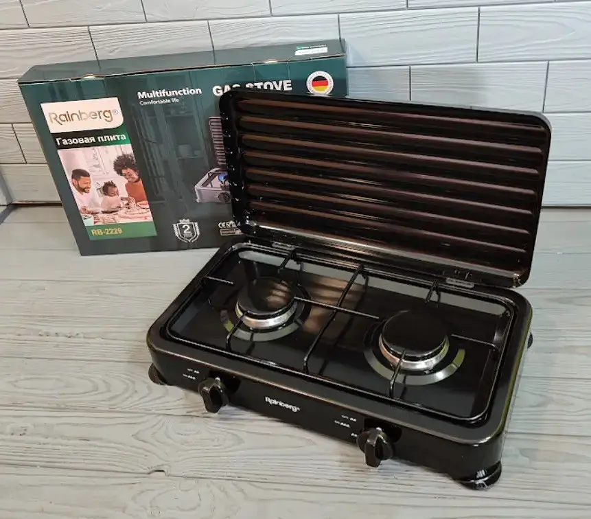 Настольная газовая плита  Rainberg RB-2229 на две конфорки с крышкой для кемпинга нержвеющая сталь Черная - фото 9