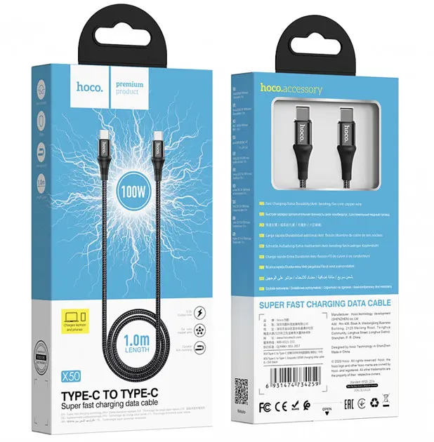 Кабель Hoco X50 Type-C to Type-C Exquisito 100W charging data cable ( L-1M ) Black - фото 3