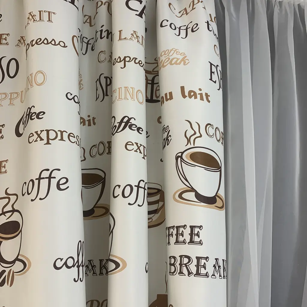 Коротка фіранка для кухні з атласу та шифону з коричневими чашками 1,8м на 4м на тасьмі ALBO pbe0052812 - фото 2