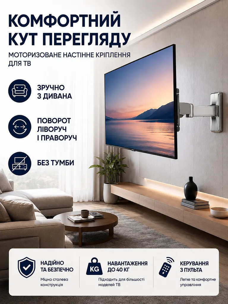 Настінний моторизований кронштейн для телевізора 14–32" з пультом до 40 кг (49676126) - фото 8