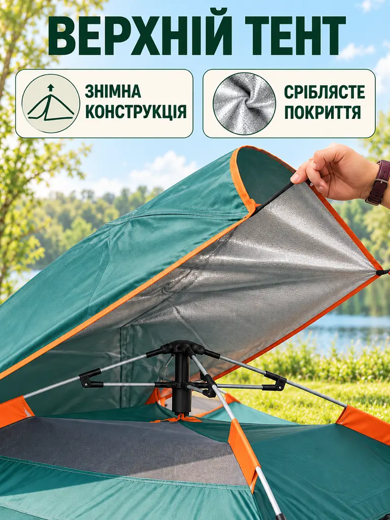 Автоматичний намет 4-місний 210х210х145 см для кемпінгу зелений (37261158) - фото 5