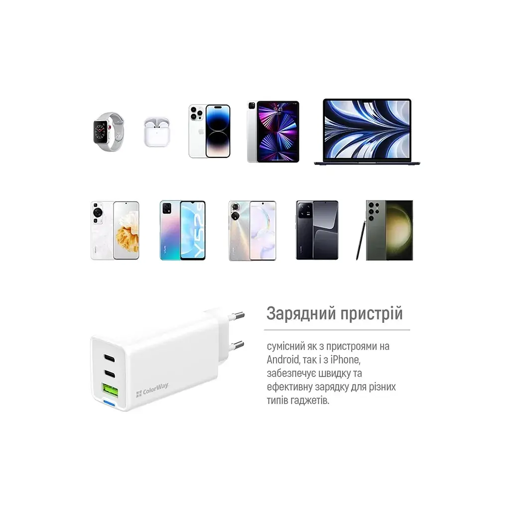 Зарядний пристрій ColorWay GaN Mini 65W PD Port PPS USB (USB-2C1A) white (CW-CHS058PD-WT) - фото 12