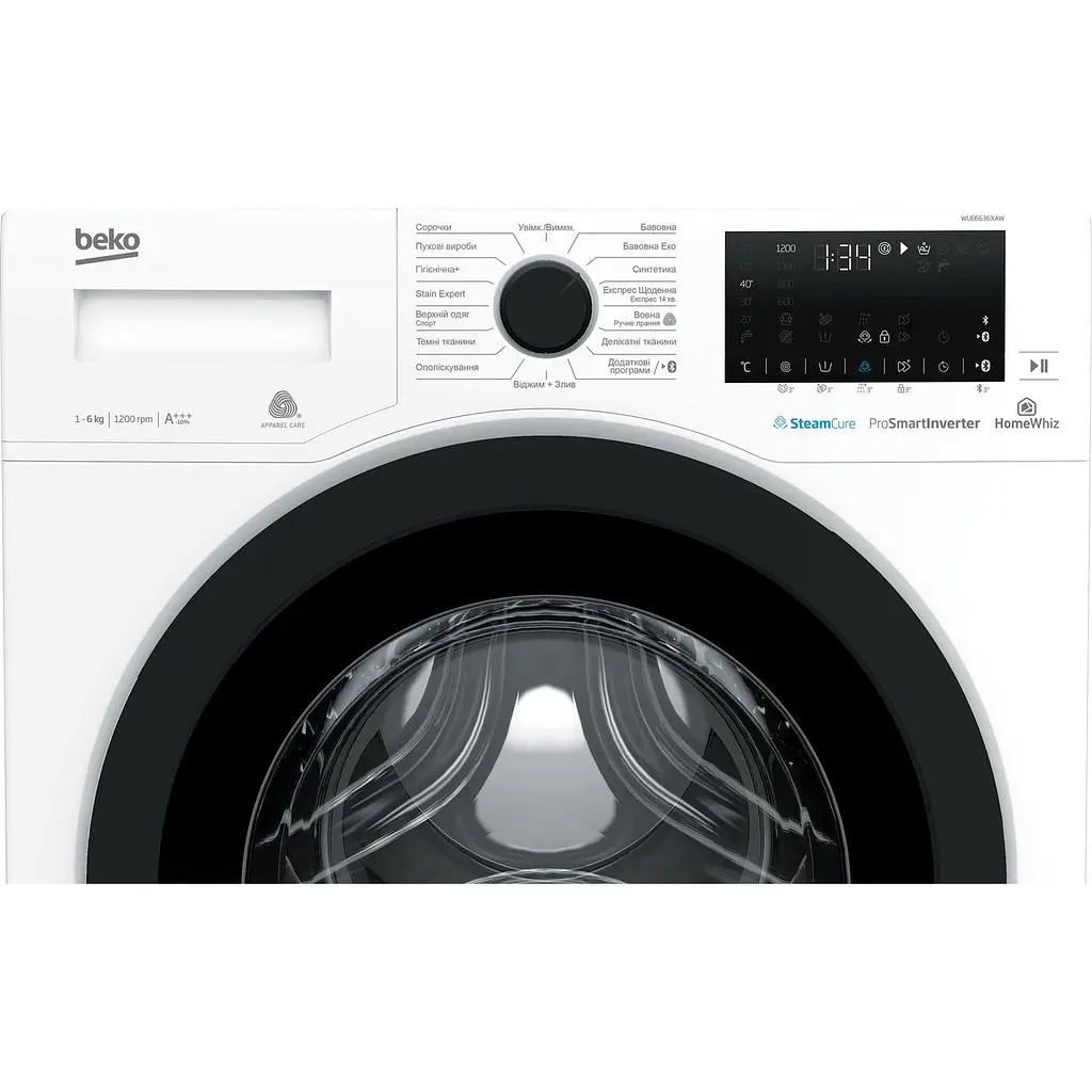 Пральна машина Beko з фронтальним завантаженням , 6кг, 1200, A+++, Пар, 45см, Дисплей, SMART, Інвертор, Білий (WUE6636XAW) - фото 4