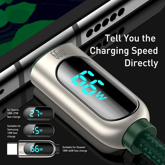 Кабель Baseus Display Fast Charging Cable USB to Type-C 66W 1m CASX020006 Green - фото 5