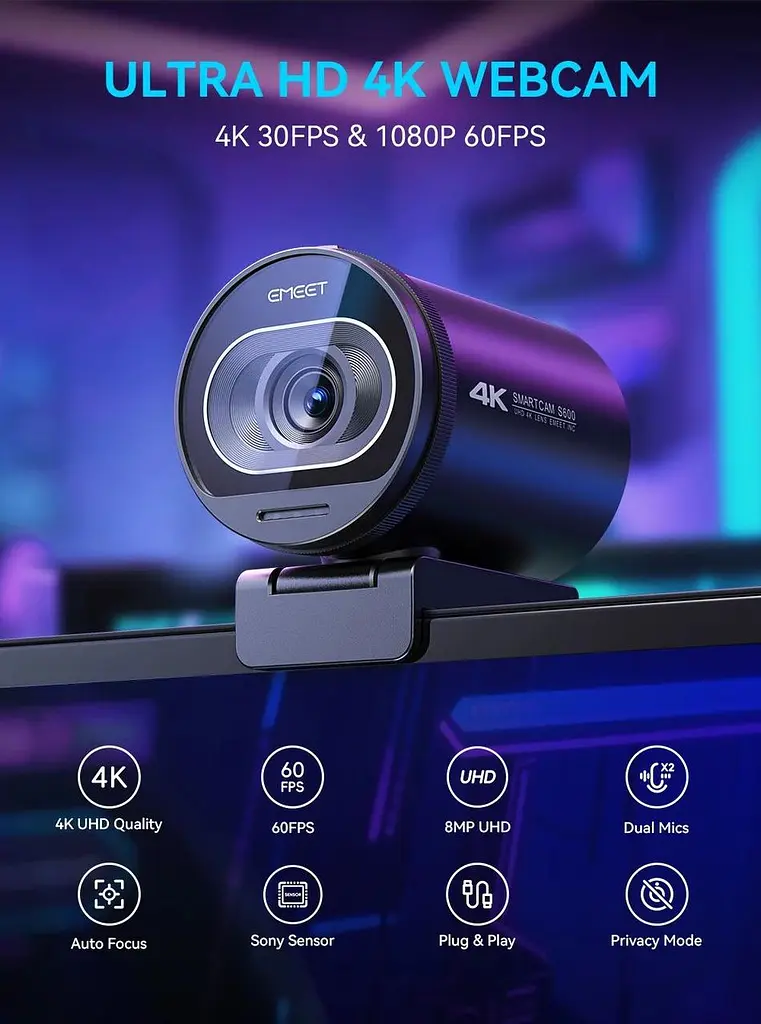 Веб-камера Emeet S600 4K 1080P 60FPS автофокус, з мікрофоном та захисною шторкою - фото 5