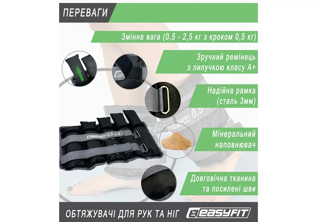 Обтяжувачі EasyFit 0,5-2,5 кг для ніг та рук Чорний-сірий (EF-WHT-0,5-2,5) - фото 4