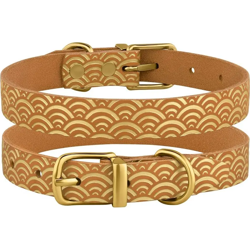 Ошейник для собак BronzeDog Barksi Classic Море кожаный одинарный с золотым тиснением S 23-30х1.2 см горчичный - фото 3