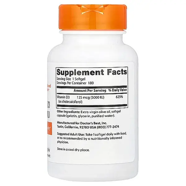 Вітамін D3 холекальциферол Doctor's Best Vitamin D3 125 мкг 5000 МО 720 капсул - фото 2