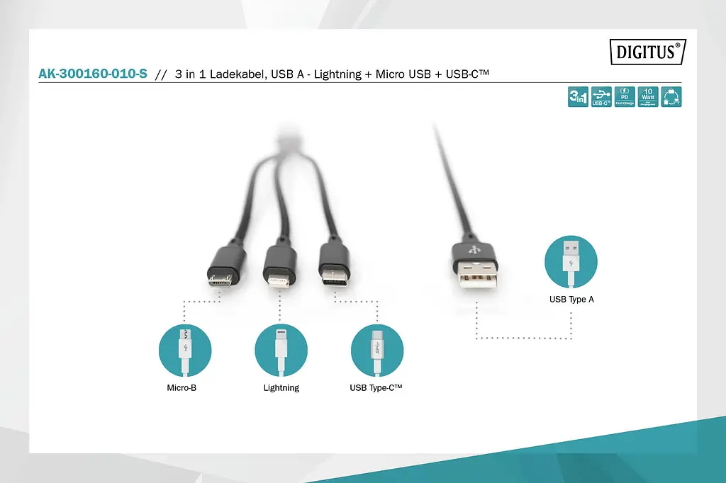 Кабель Digitus USB-A > Lightning/USB-С/micro USB, мультизарядный 3-в-1, зарядка/синхронизация 1м, teh0013696 - фото 9