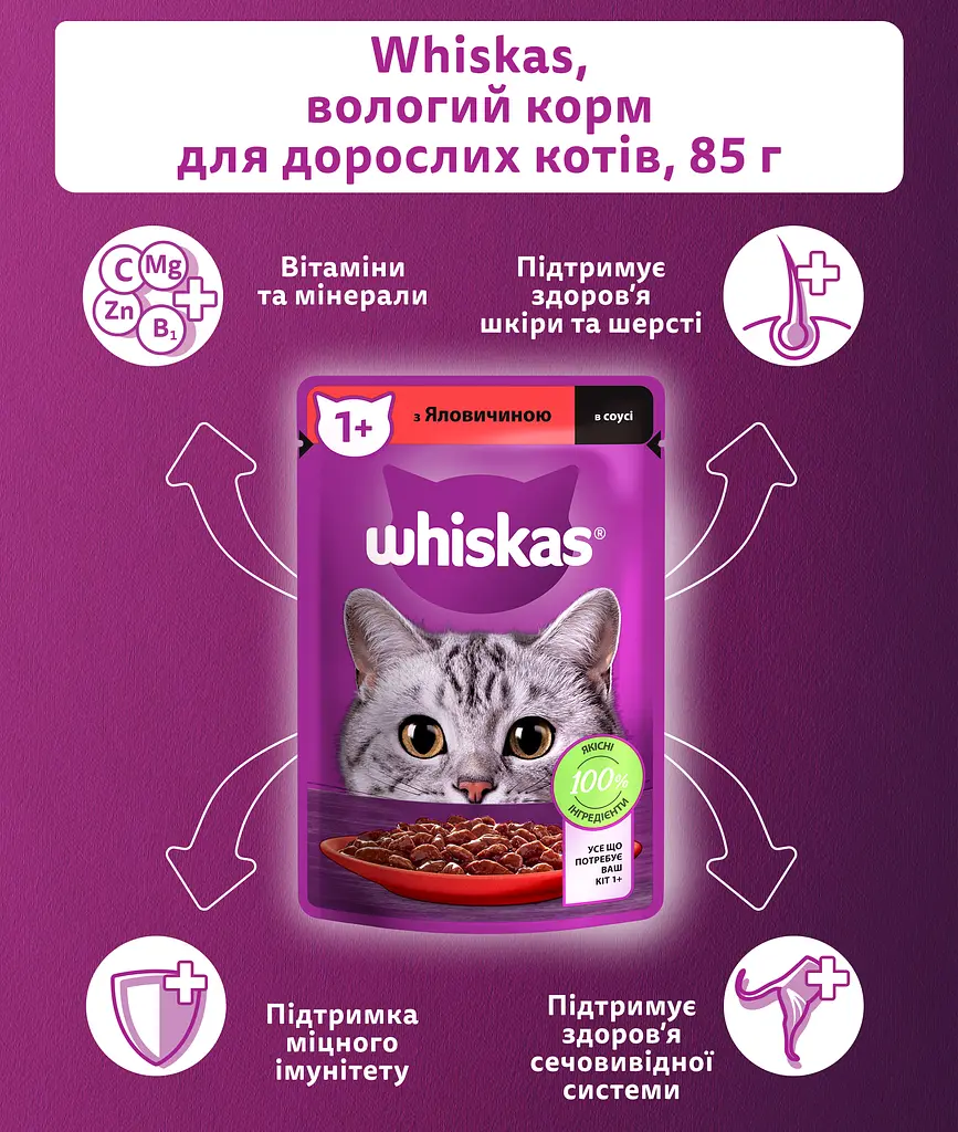 Влажный корм для кошек Whiskas говядина в соусе 85 г - фото 5