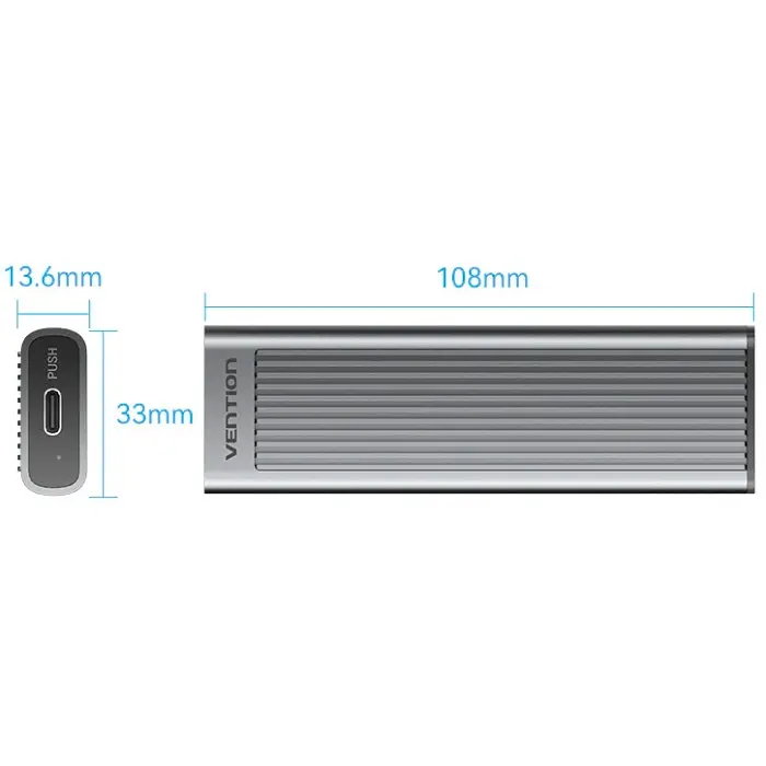 Зовнішня кишеня для SSD M.2 (NVME) M-key USB Type-C 3.2 10Gbps Heat Sink Aluminum сіра Vention - фото 4
