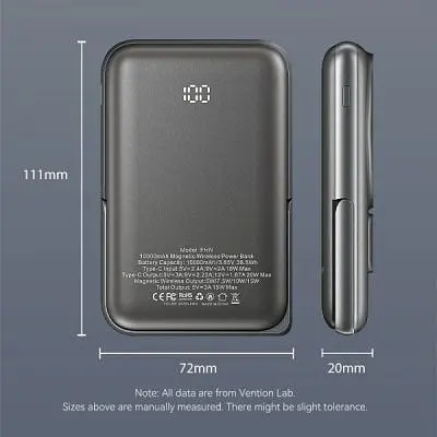 Батарея универсальная Vention Magnetic Wireless 10000mAh 20W PD USB-C In/Out QI-15W Black (FHNB0) - фото 3