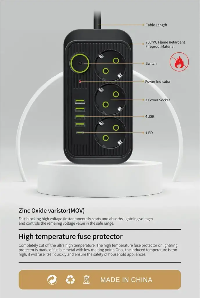 Мережевий фільтр живлення UA Power Socket F09U 3 розетки +4USB +Type-C Port 2m, мережевий подовжувач розеток - фото 6