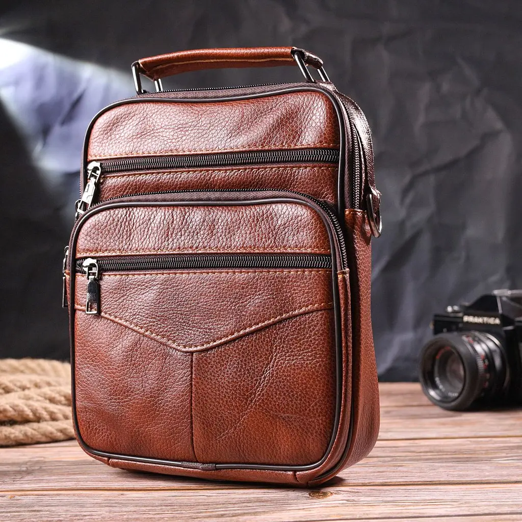 Отличная мужская сумка с ручкой кожаная 21277 Vintage рыжая. - фото 7