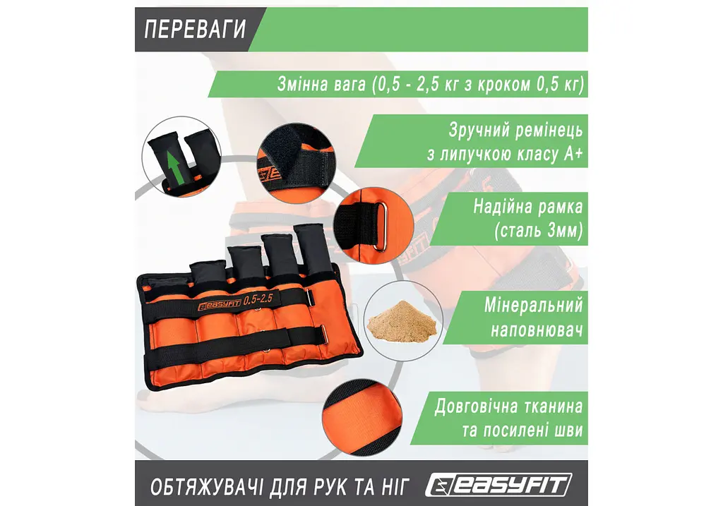 Обтяжувачі EasyFit 0,5-2,5 кг для ніг та рук Чорно-жовтогарячий (EF-WHT-0,5-2,5-O) - фото 4