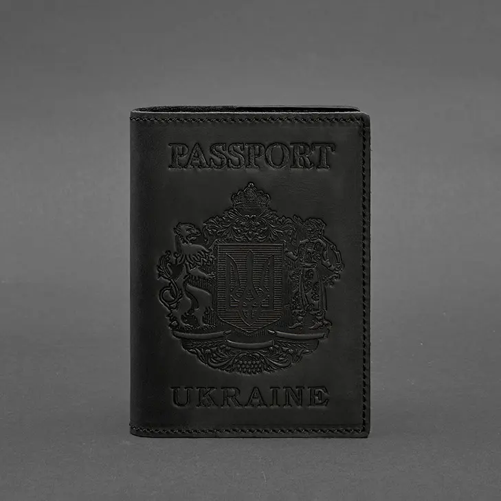 Шкіряна обкладинка для паспорта з українським гербом чорна - фото 7