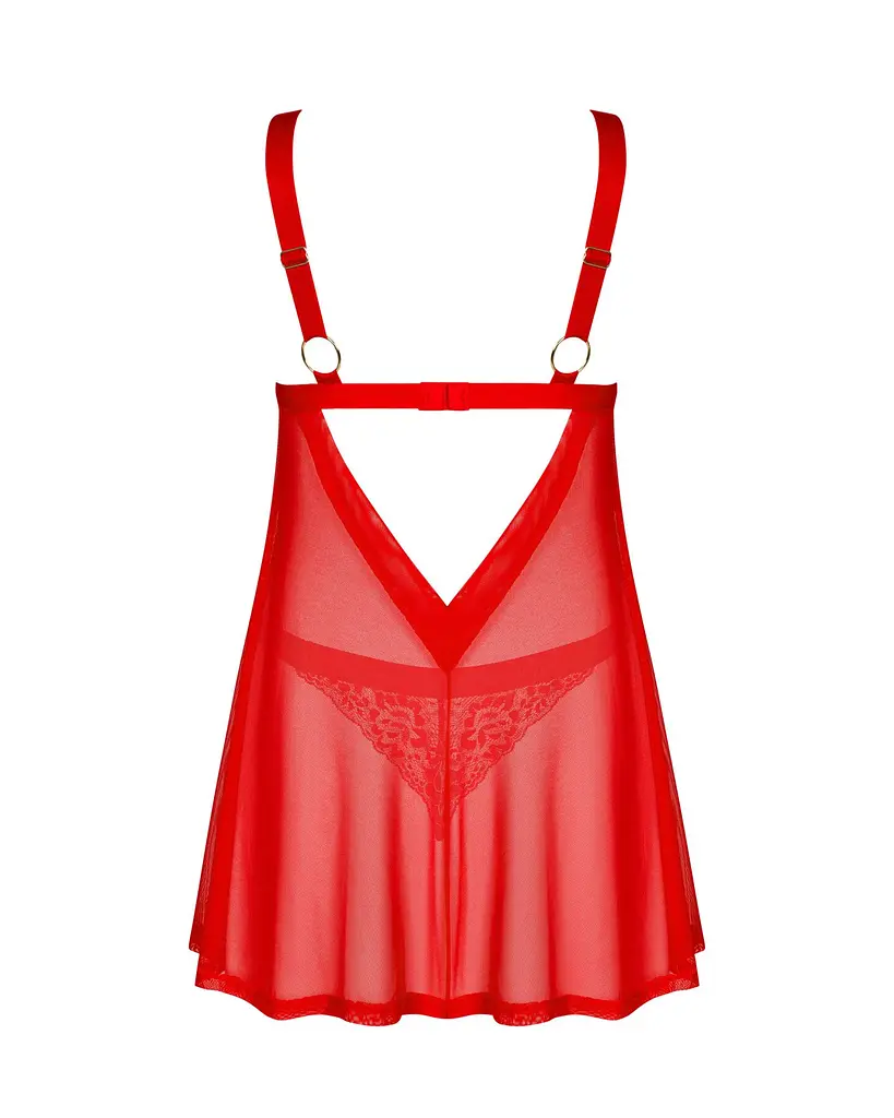 Бебі-дол Obsessive Elianes babydoll & thong, XS/S, червоний, мереживний ліф, трусики-танга в наборі - фото 4