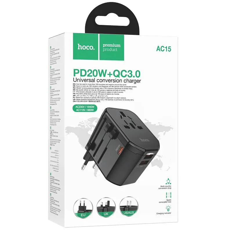 Мережевий універсальний перехідник AC15 Walker PD20W+QC3.0 (2USB-A/1C) (EU) Black Hoco teh0030542 - фото 2