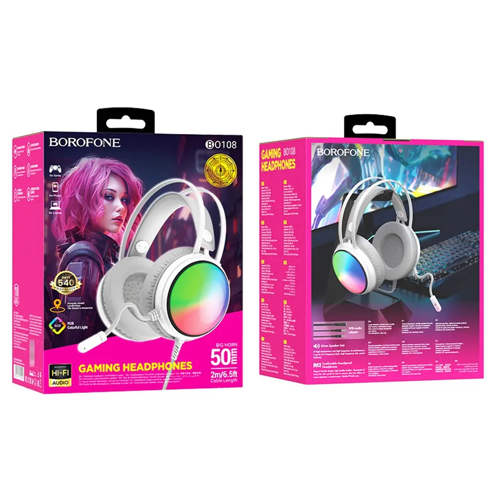 Наушники накладные Borofone BO108 игровые с микрофоном и LED подсветкой Jack 3.5 белый - фото 5