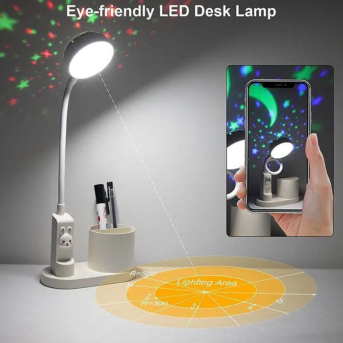 LED настільна лампа для дітей Hacevida з підставкою для ручок, нічник з автоматичною зміною кольору, диммована, акумуляторна, біла - фото 2